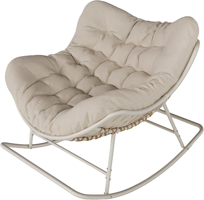 SWITTE Outdoor Papasan Rocking Chair, Oversized Egg Lounge Chair with Thick Cushion, Supports 450 lbs, Comfy Rocker for Patio, Balcony, Porch, or Indoor Living Room-Cream