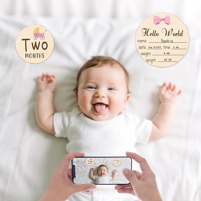Baby Monthly Milestone Cards Sign - 13 Pcs Double Sided Baby Announcement Signs Bow, Pink Bow Wooden Milestone Circles Discs for Photo Props, Birth Announcement Marker Girl, Babies Welcome Card Gift