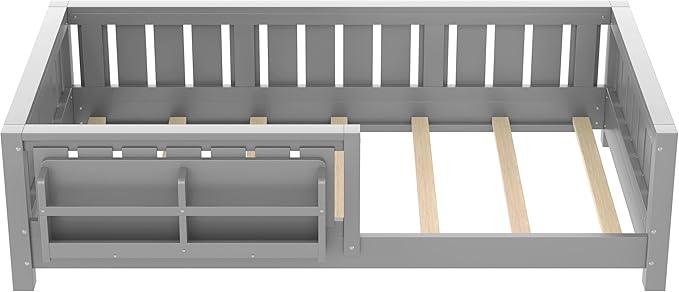 Bellemave Twin Size Floor Bed with high Rails and with Built-in Bookshelf for Kids, Girls, Boys, Wood Montessori Floor Bed Without Door, Gray