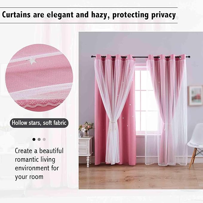 Anytime Romantic Kids Curtain,Hollow-Out Stars Window Curtain Double Layer Blackout Curtains for Girls Bedroom Kids Room 2Panel,(W52 x L72,Pink)