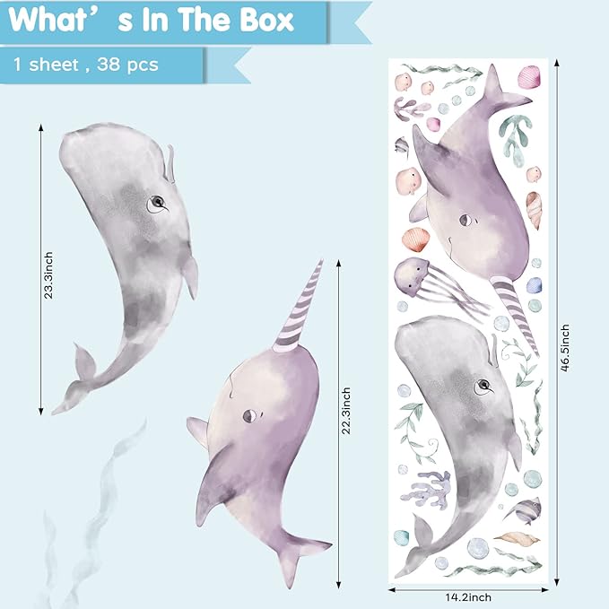 Whale Wall Dcals Peel and Stick for Kids Whale Removable Wall Stickers with Sea Life, Vinyl Ocean Wall Stickers for Bedroom Bathroom Nursery