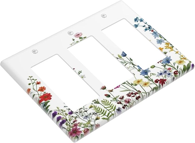 Decorative Light Switch Cover Plate Colorful Wildflowers Plants Flowers on White Background 3 Gang Switch Plate Covers Triple Rocker Wall Plates GFCI Switch Plates and Outlet Covers for Home Decor
