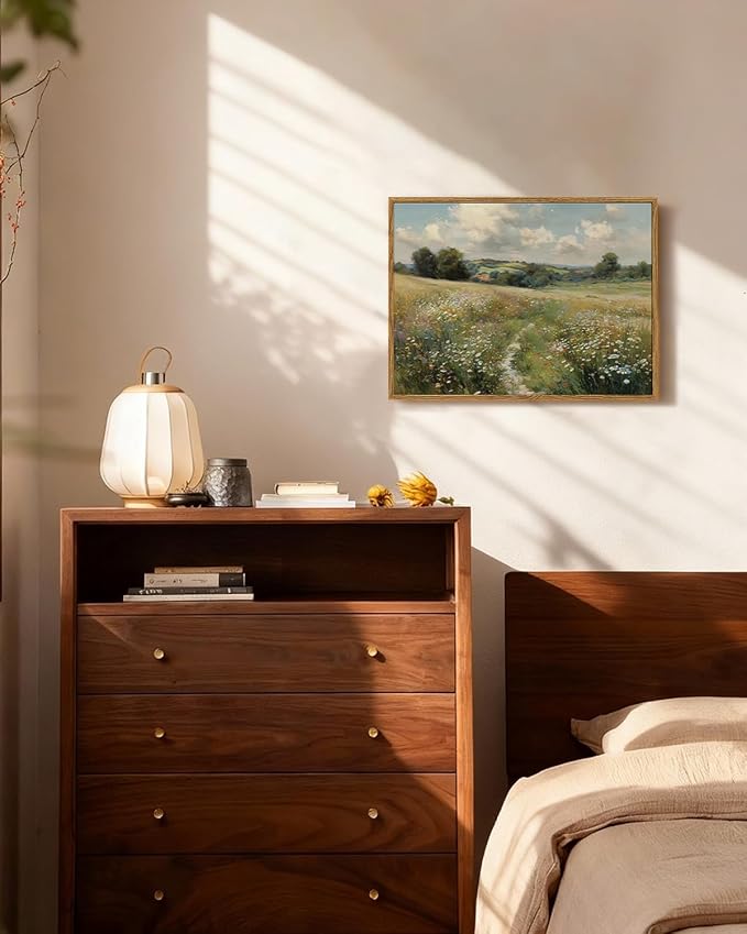 ARPEOTCY Vintage Framed Canvas Wall Art, 12x16inch, Farmhouse Wildflower Field Wall Decor, Countryside Art Prints Home Decorations, Landscape Paintings for Living Room Bedroom Shelf Decor