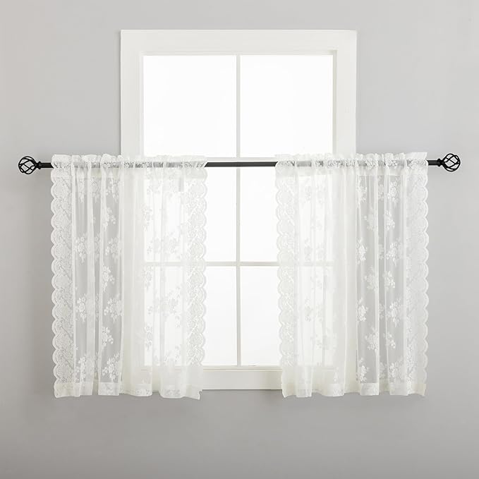 Kotile 30 Inch Length Lace Curtains Short for Door Small Windows, 2 Panels Rustic Floral Retro Vintage Short Lace Curtains, Rod Pocket Privacy Sheer Kitchen Café Curtain, 42 x 30 Inch, Ivory