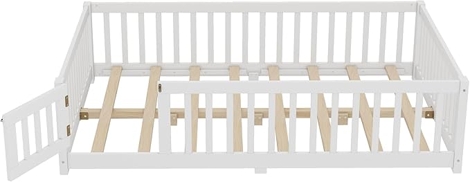 Ball & Cast Toddler Floor Bed Full Size W/Removed Slats,Montessori Bed for Toddlers W/Switched Door & Safety Guardrails,Low Profile Bed Frame for Girls & Boys,No Spring Box Required,White