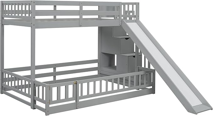 Twin Over Full Bunk Bed with Slide, Solid Wood Bunk Bed with Safety Guardrails and Storage Staircase for Kids Teens Boys Girls Bedroom, Space Saving Design (Grey-30c)