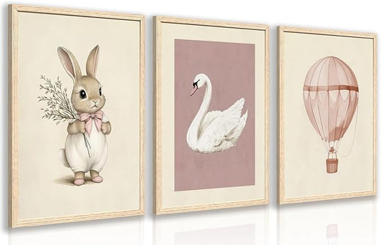 kilamino Pink Baby Girl Nursery Wall Art, Neutral Cute Rabbit and Swan Wall Decor, Vintage Hot Air Balloon Poster Prints, Pastel Bunny Animals Canvas Paintings for Baby Room Wood Framed 16"x24"x3