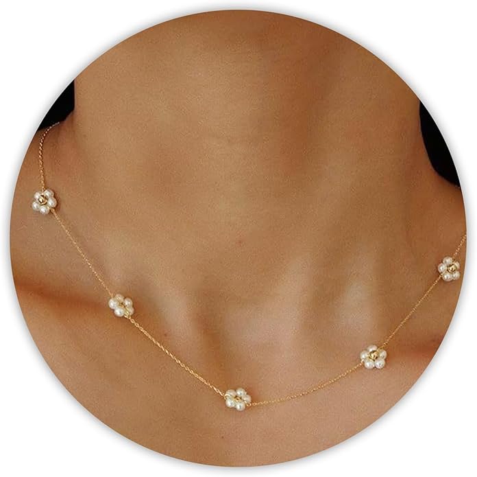 SmileBelle Pearl Necklaces for Women, Daisy Pearl Choker as Christmas Stocking Stuffers for Teens, Silver Daisy Pearls Jewelry Trendy Stuff Birthday Gifts 3 Pearls White Necklace as Wedding Jewelry