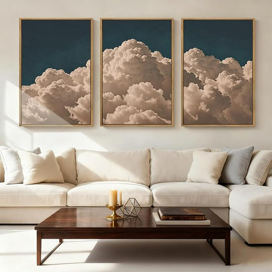 IARTTOP Large Cloud Canvas Wall Art Framed 16x24 Inch Navy Blue Cloud Painting Set of 3 Modern Abstract Sky Landscape Wall Decor For Living Room Bedroom Office