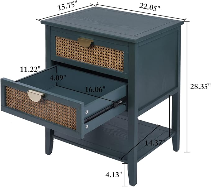 2 Drawers End Table for Living Room, Rattan Nightstand Bedside Table with Metal Handles for Living Room, Bedroom, Small Place(Green)