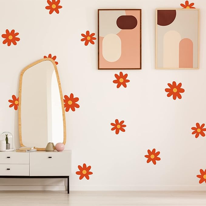 A Room with Flower Vinyl Daisy Wall Decals, Peel and Stick Floral Stickers for Nursery, Kids Bedroom Livingroom Home Wall Art Decor-Burnt Orange