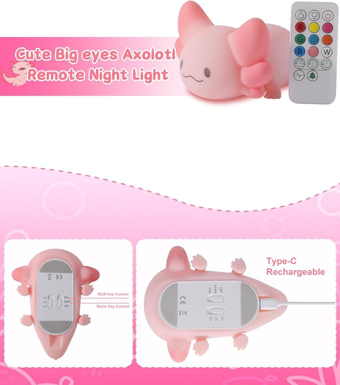 ZKLiLi Remote Axolotl Kids Nightlight,Cute Lamp Dimmable Axolotl Night Light Gifts with Timer & 16 Colors,Rechargeable Bedroom Smart LED Bedside Lamps Toddler Night Light（Remote）
