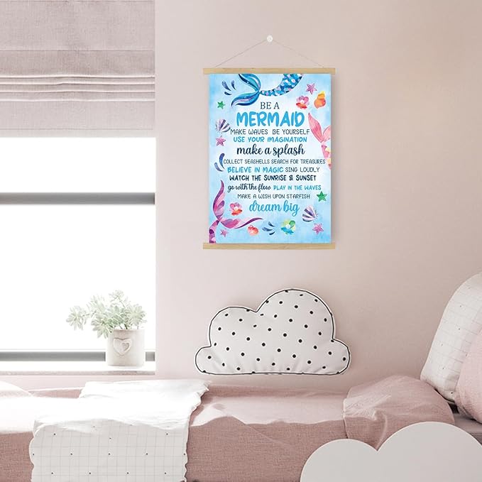 Qswo Mermaid Inspirational Wall Art,Teen Girl Wall Art Poster Hanger Frame,Motivational Hanging Canvas Wall Decor for Girls Room Dorm Nursery