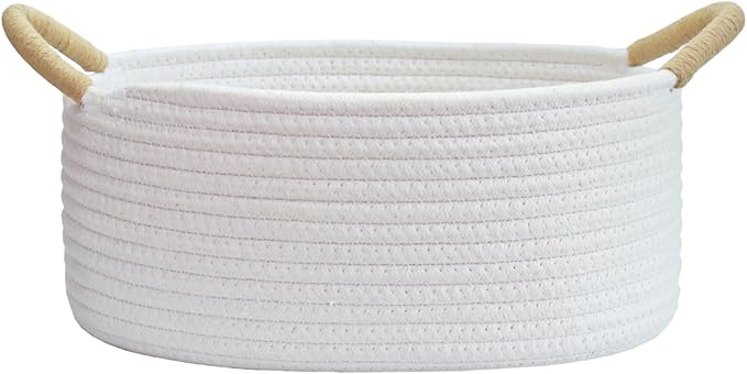 Yimi's Dream Gift Baskets Empty, Small Basket for Organizing, White Cotton Rope Basket with Handle for Decor, Baby Cat Dog Toy (Oval, 12"x 8"x 5")