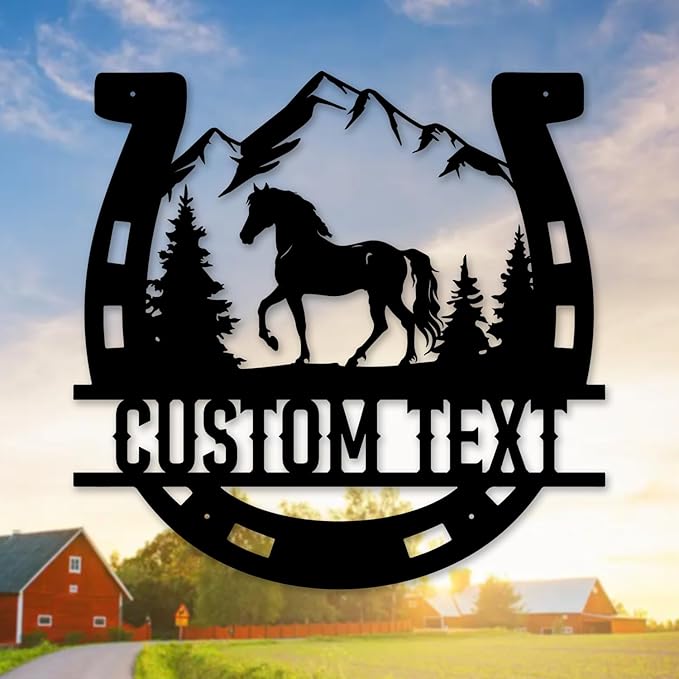 Personalized Horse Metal Sign with Horseshoe – Custom Name Rustic Farm & Home Decor, Black Wall Art