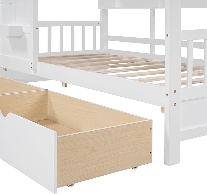Modern Twin Size House Bed with Roof and Window, Wooden Daybed Frame with Shelves and 2 Drawers,Bedroom Furniture for Girls & Boys (White+2 Drawers/)