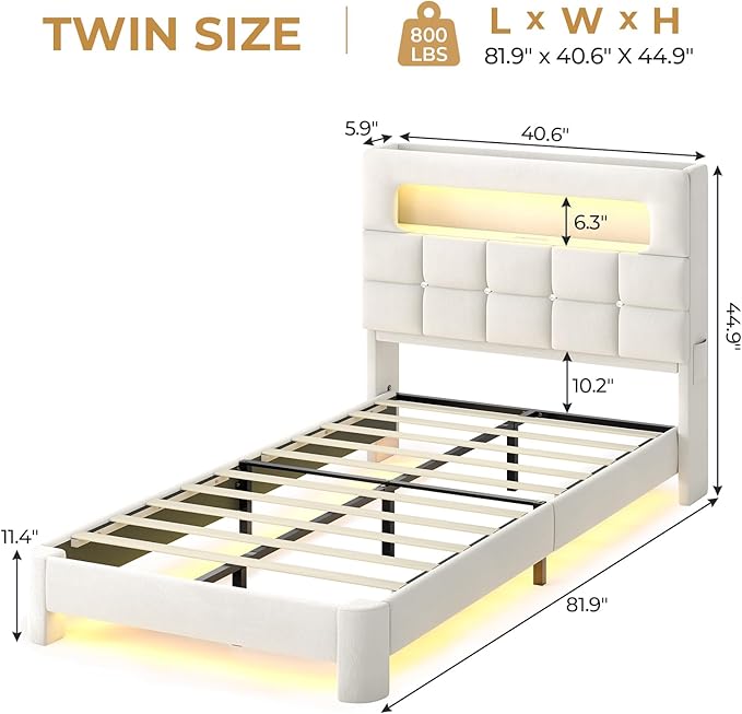 MSmask Twin Upholstered LED Bed Frame with 2-Tier Storage Bookcase Headboard, Velvet Princess Bed with Crystal Button Tufted Headboard & Charging Station, Girls Platform Bed, Curved Legs, White