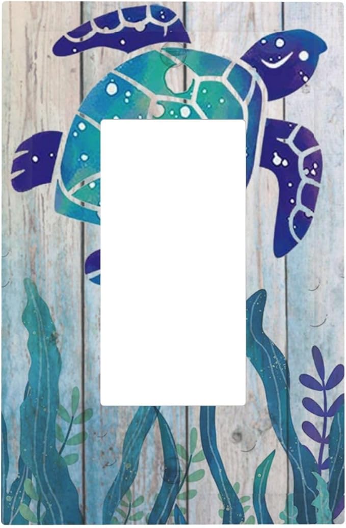 Sea Turtle Grass Seaweed on Rustic Wooden Board 1 Gang Light Switch Cover Single Rocker/Gfci Device Decorative Wall Plate Standard Size Receptacle Ocean Grass Seaweed Outlet Cover Plates Art Decor