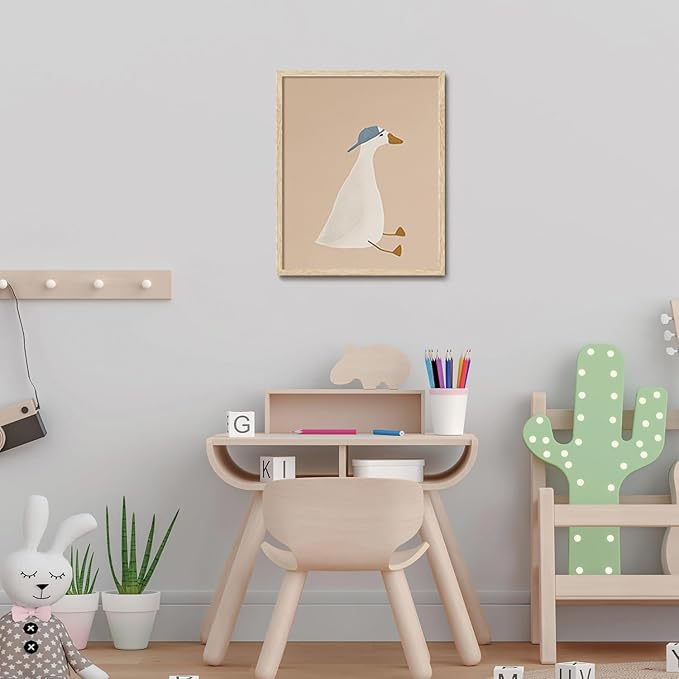 KISSFOX Framed Wall Art Nursery Wall Decor Cowboy Duck Pictures Kids Cute Animal Canvas Art Beige Boho Paintings Artwork For Children Boys Girls Room