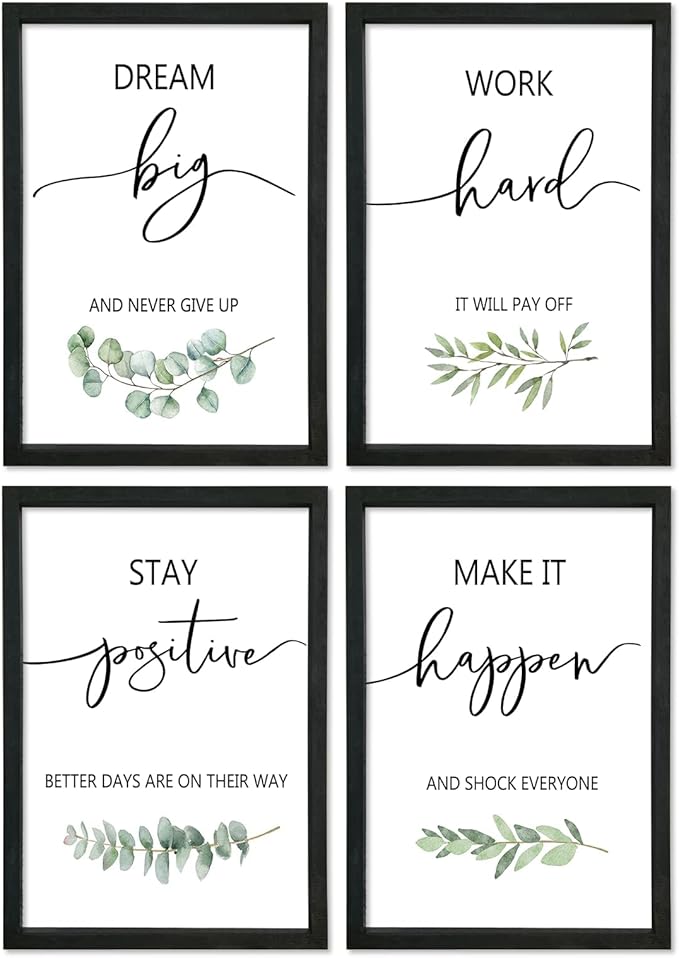 YWJKWLGS Inspirational Quote Wall Art Set 11x16 Inch Set of 4 Motivational Home & Office Decor for Positive Family Encouragement Wooden Framed Signs (Black)