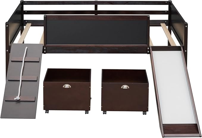 Play Fun Design Twin Size Loft Bed with Slide and Rope Climbing Ladder for Kids Boys Girls, Solid Wood Loft Bed Frame with 2 Storage Boxes and Double-sided Chalkboard, Sturdy Slat Support (Espresso-2)