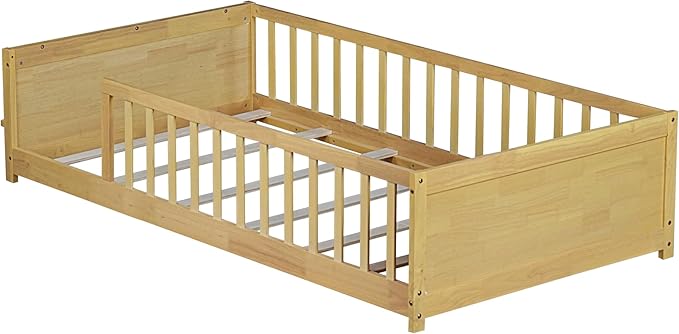 Floor Bed with Rails Twin Size, Wood Montessori Floor Bed with Storage Bookcase, Kids Bed Frame with Fence for Boys Girls, Natural
