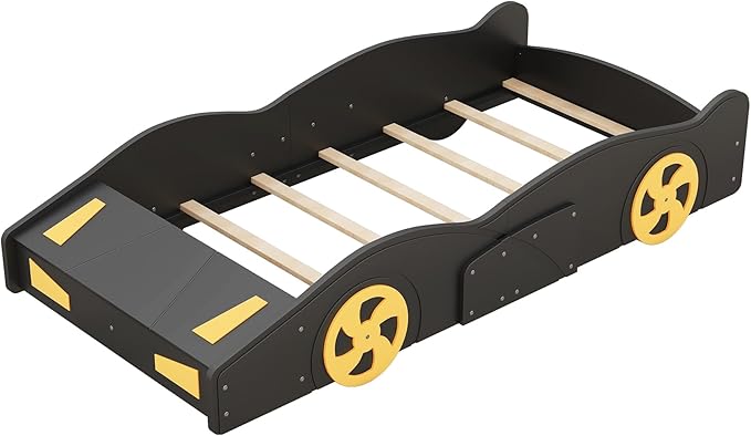 Harper & Bright Designs Twin Size Race Car-Shaped Platform Bed with Wheels and Storage, Black+Yellow