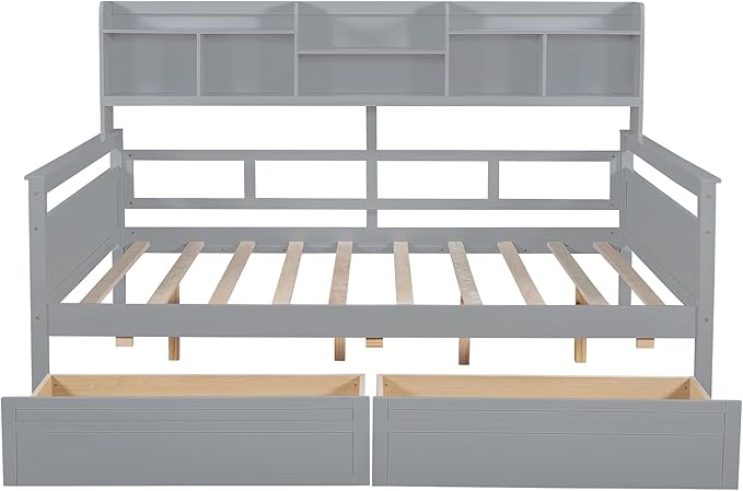 Harper & Bright Designs Full Daybed with Storage, Wooden Full Size Bed Frame with Bookcase Headboard and 2 Drawers, Full Sofa Bed with Shelves for Living Room Bedroom, No Box Spring Need, Gray