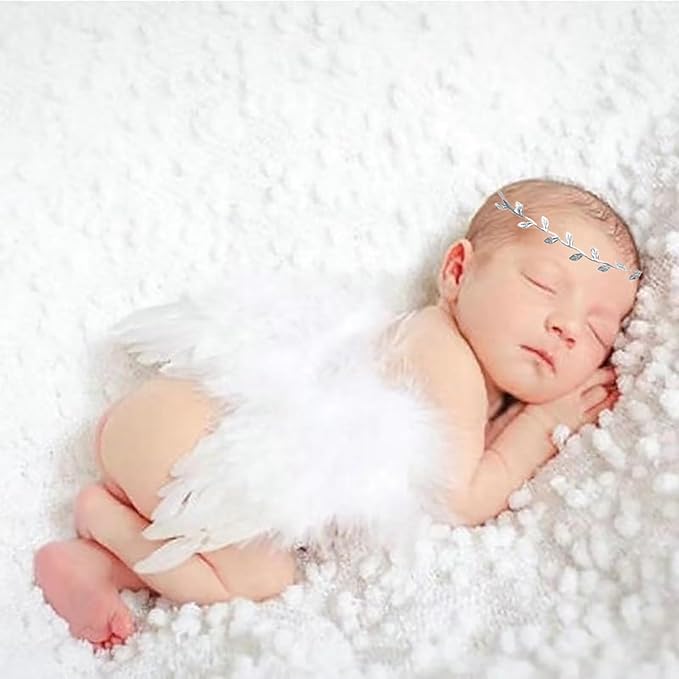White Angel Wings With Leaf Headband For Newborn Infant Photography Props Soft Feather Wings For Kids Photo Outfits Baby Girls Costume(Color A, One Size)