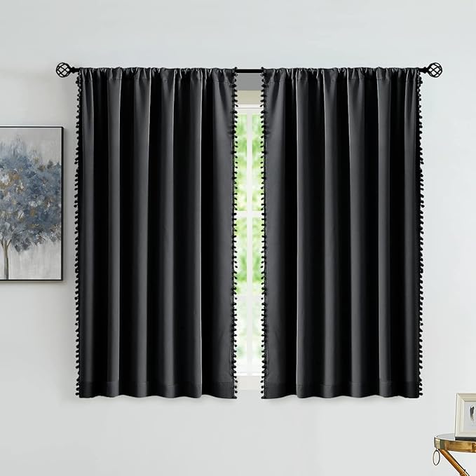 Pompom Blackout Window Curtains 54 Inch Black Thermal Insulated Curtain Drapes for Small Laundry Basement Room Thermal Insulated Curtain Set 2 Panels