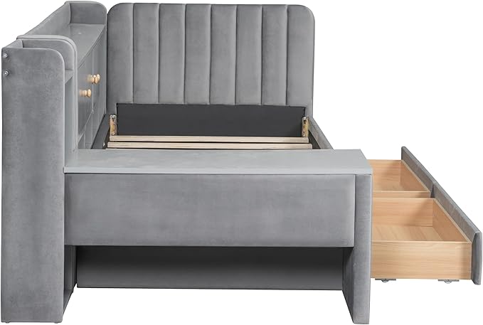 Twin Size Daybed with Desk, Storage Drawers and L-Shaped Bookshelf Headboard, Velvet Upholstered Soft Corner Bed with Flip Cabinets and Shelves for Kids Boys Girls, Gray
