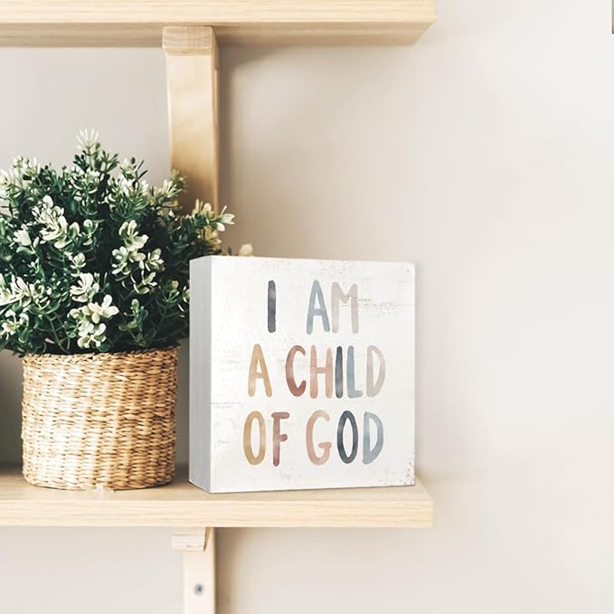 Boho Neutral Baby Girl Boy Nursery Decor - I am a Child of God Christian Wood Box Sign Desk Decor, Toddler Boy Girl Room Decor, Christian Desk Decor, Bible Verse Decor, 5x5