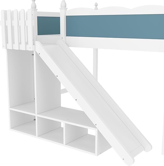 SOFTSEA Full Size Loft Bed with Slide & Storage, Wood Loft Bed with Open Shelves and Cabinet, High Lofted Bed with Convertible Slide and Ladder for Kids Teens Adults, Blue + White