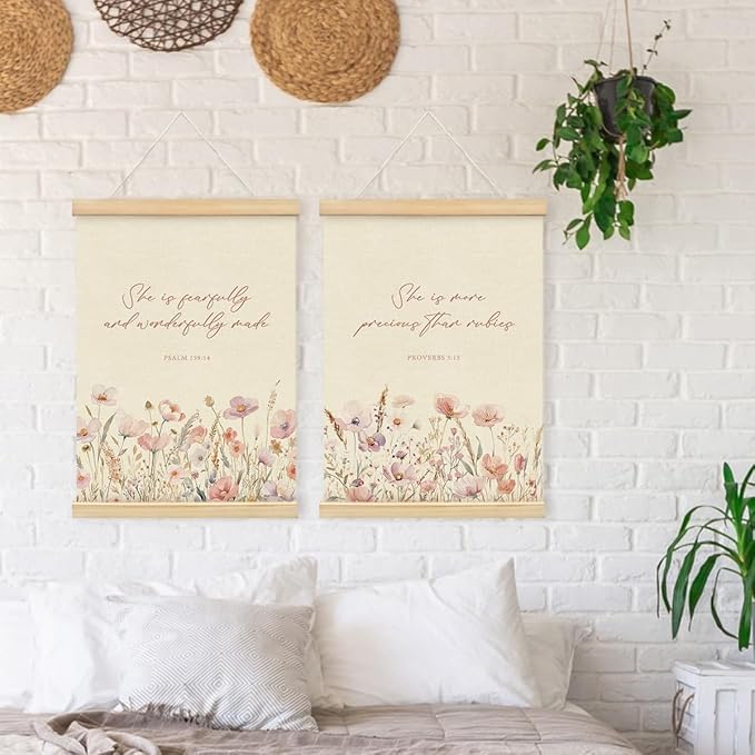 PLKMN Girls Room Decor, Pink Wildflower Baby Girl Nursery Decor Set of 2, Christian Gifts for Girls, Pink Floral Bible Christian Wall Art Framed, 12x16 Inch