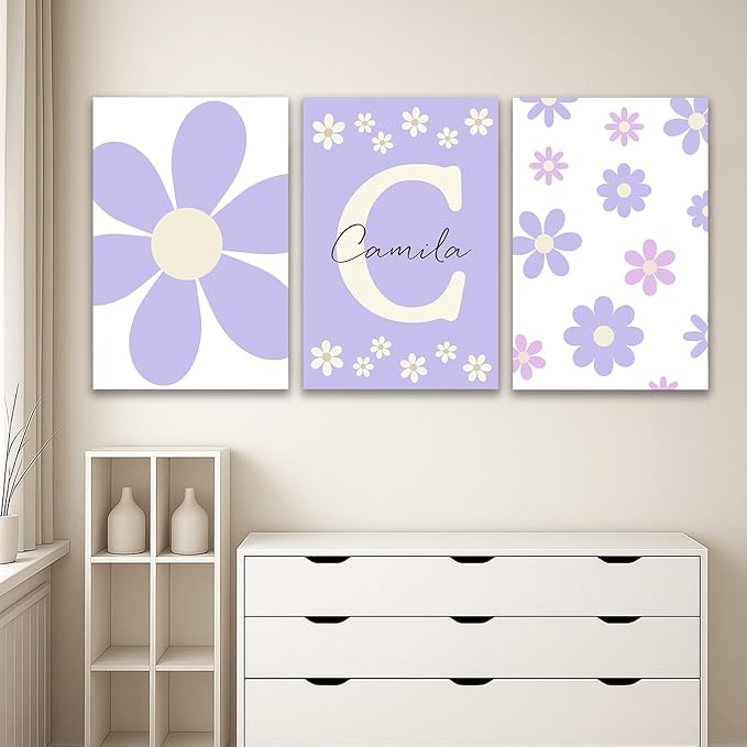 Personalized Girls Nursery Wall Art – Custom Name Purple Daisy 3pc Unframed Canvas Print for Girls Room, Baby Nursery, Kids Wall Decor, Initial Wall Art, Birthday or Holiday Gift (7.9×9.8inch)