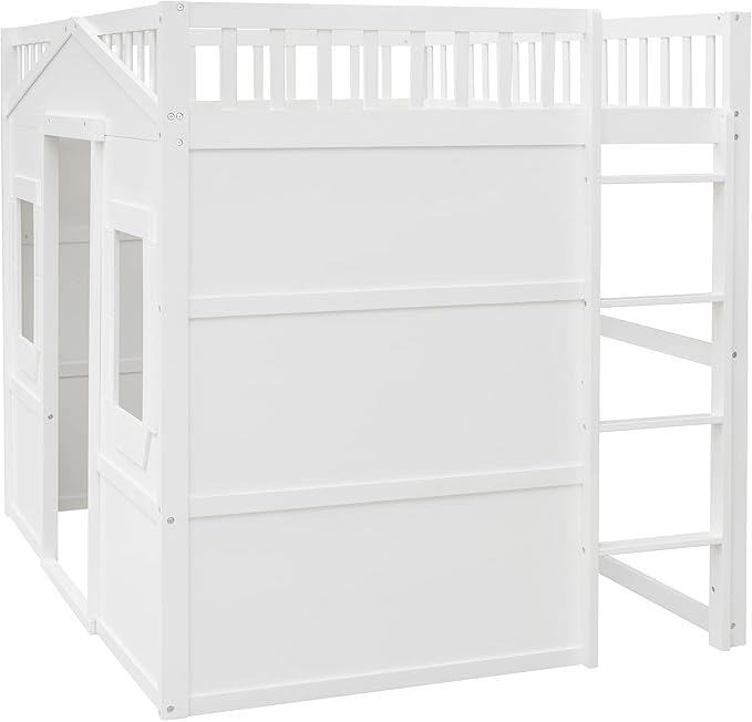 Full Size Loft Bed with Safety Guardrail for Kids Boys Girls, Playhouse Design Solid Wood Loft Bed Frame with Ladder and Windows, Strong Wood Slats Support, Space-Saving (White)