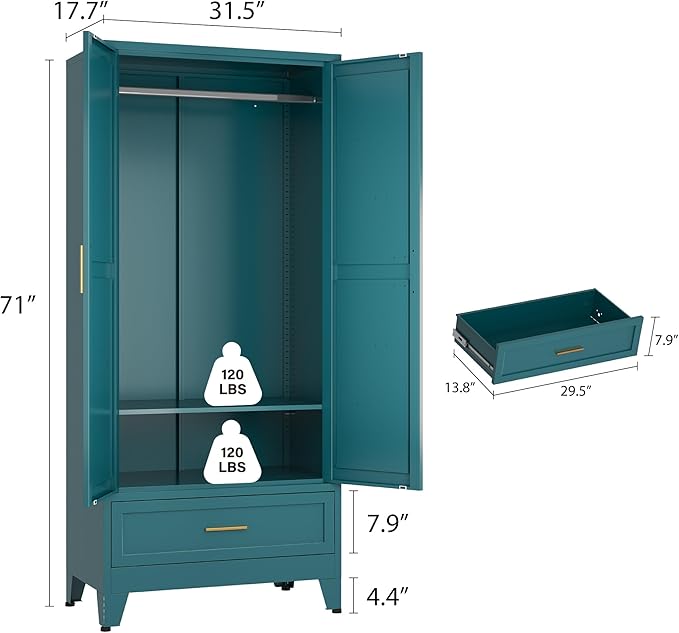 Metal Wardrobe Closet Cabinet with Drawers,71" H Large Bedroom Armoires with Shelves and Hanging Rod,Wardrobe Storage Cabinet with 2 Doors, 1 Adjustable Shelf and Drawers (1Drawer, Blue)