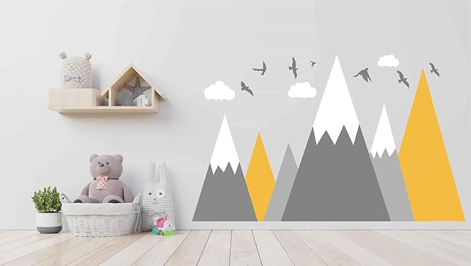Mountain Wall Decal Baby Room Nursery Adventure Theme Cloud Birds Vinyl Wall Stickers BA972 (Color 1-Yellow, 71X43.inches)