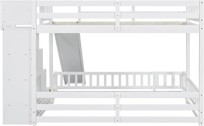 Twin Over Full Bunk Bed with Slide, Solid Wood Bunk Bed with Safety Guardrails and Storage Staircase for Kids Teens Boys Girls Bedroom, Space Saving Design (White-30c)