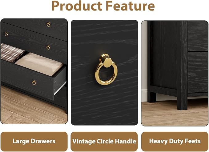 IDEALHOUSE Dresser for Bedroom with 5 Drawers, 45'' Tall Chest of Large Drawers with Large Clothes Storage Cabinet, Wood Bedroom Dresser, TV Stand for Nursery, Living Room, Enterway, Black