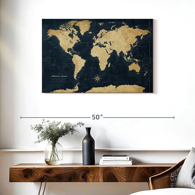 ElephantStock - Adventure Awaits World Map With Push Pins Wall Art - Horizontal Canvas Wall Art - Living Room Wall Decor - Digital Art Map Canvas Art - Gold And Blue Decor - 36" x 24"