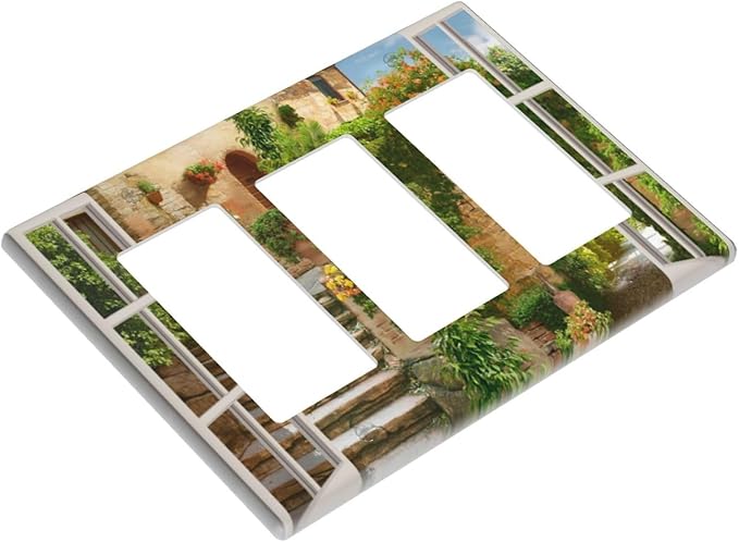Mediterranean Greece Scene Flowers Light Switch Cover Triple Rocker Decorative 3 Gang Switches Plates and Outlet Covers Italian Town from Another Window Switchplate Wallplate for Kitchen Living Room