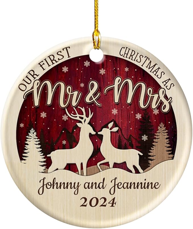 wowcugi Personalized First Christmas As Mr and Mrs Ornament Personalized Reindeer Couple Ceramic Ornaments Engagement Ornament Wedding Keepsake Gifts for Newlywed Xmas Tree Decorations