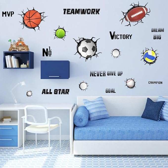 3D Sport Balls Wall Decals, Football, Volleyball, Rugby, Basketball, Tennis Vinyl Wall Stickers, Removable Sports Break Through The Wall Artwork for Boys Bedroom Playroom Decor