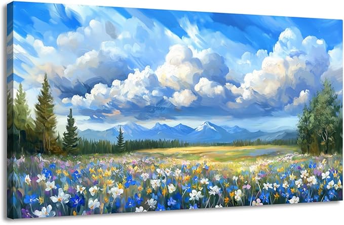 Mountain Wildflower Wall Art, Natural Landscape Wall Decor Painting Blue Sky White Cloud Scenery Picture for Living Room, Farmhouse Nature Colorful Flower Canvas Prints Artwork for Bedroom 12x24 inch