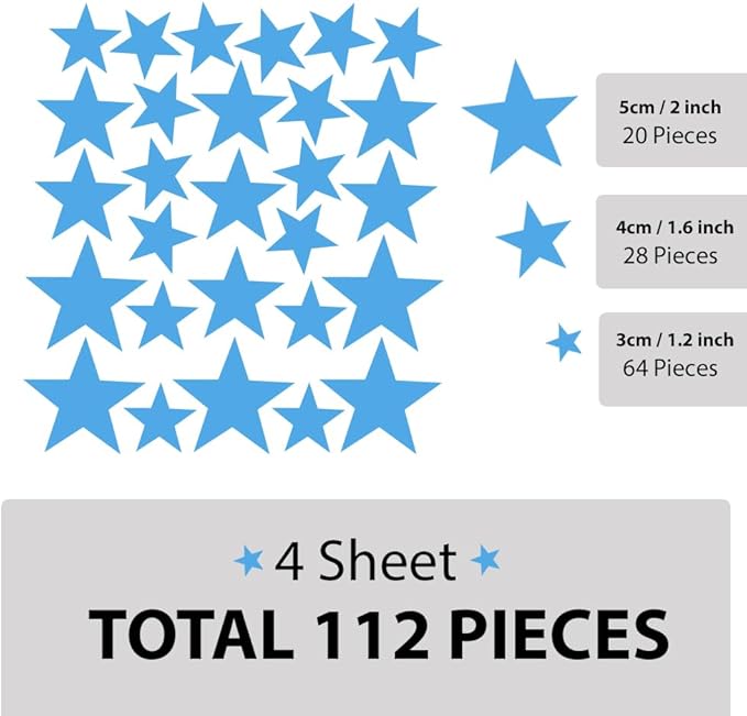Baby Blue Star Stickers for Boys and Girls Nursery, Wall Decals for Kids Room (Light Blue, Mix Star 112Pcs)