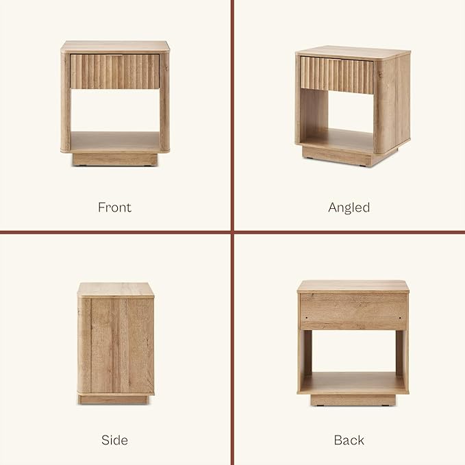 mopio Brooklyn Fluted Nightstand, Modern Farmhouse Nightstand, Small Side, Wood Bedside Table with Drawer, End Table with Storage, Fluted Night Stand, Curved Profile (Golden Oak, Set of 2)