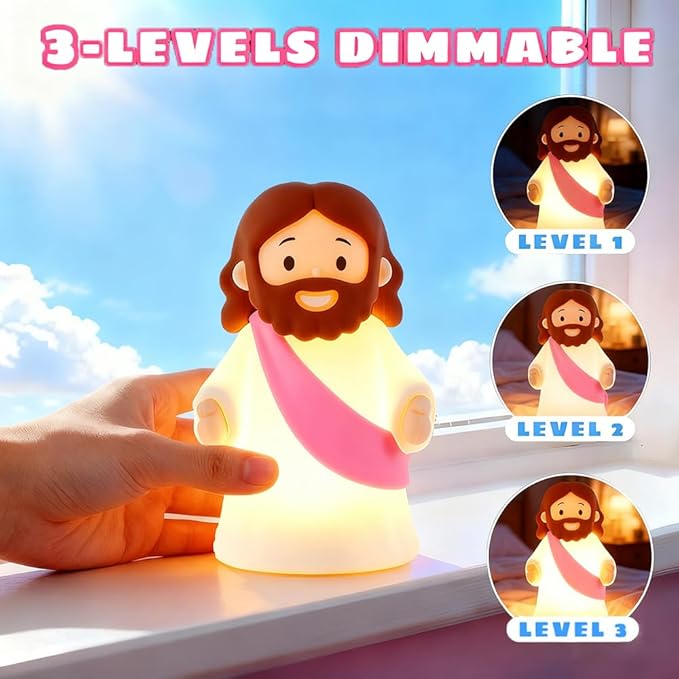 Jesus Night Light Rechargeable Bedside Night Light Dimmable Silicone LED Light Ideal for Religious Gatherings, Gifts for Sunday School, Baptism Presents, Easter Egg Decorations (Pink)