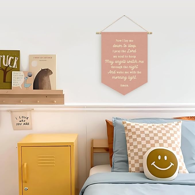Prayer Nursery Decor,Girls Room Decor - Now I Lay Me Down to Sleep Pink Linen Banner Flag for Little Girl Baby Girl,Wall Hanging Pennant Flag Banner 15x11in