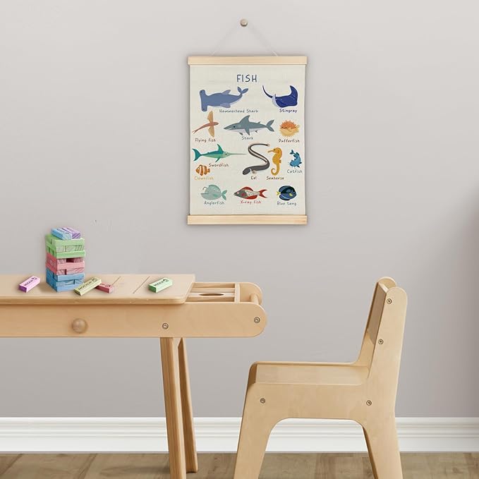 SereneHanctuary Fish Wall Art, Ocean Nursery Wall Decor, Coastal Beach Marine Animal Fish Poster Hanger Frame for Toddler Kids Room Bedroom Nursery Playroom Classroom Decor, 12x16 Inches